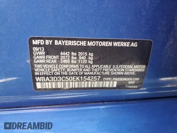 2014 BMW 3 Series 328d с VIN WBA3D3C50EK154257, выставлен на аукционе Copart как лот 57536185 с пробегом 116 630 миль миль и Списание • Salvage title. История ставок и продаж доступна на DreamBid. Изображение 12.