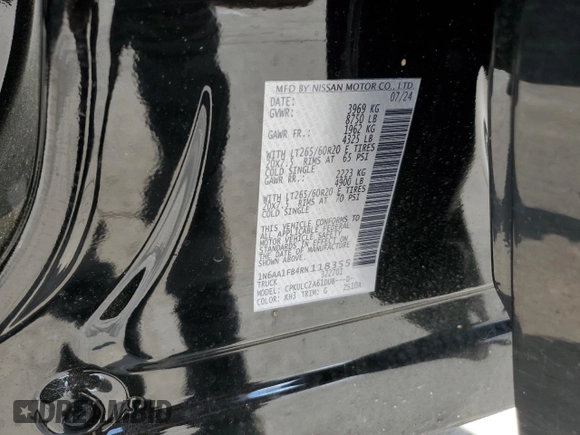 2024 Nissan Titan SV with VIN 1N6AA1FB4RN118355, listed as a Copart auction lot 57669095 with 2,861 mi miles and Salvage title. Bid and sale history available at DreamBid. Image 12.