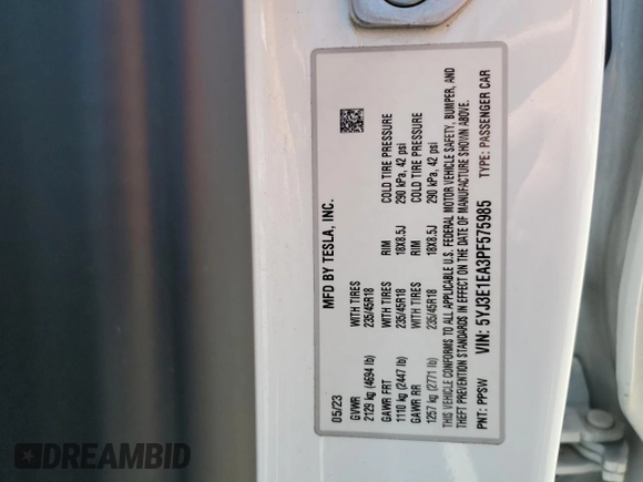 2023 Tesla Model 3 с VIN 5YJ3E1EA3PF575985, выставлен на аукционе Copart как лот 56001075 с пробегом 54 640 миль миль и Списание • Salvage title. История ставок и продаж доступна на DreamBid. Изображение 12.
