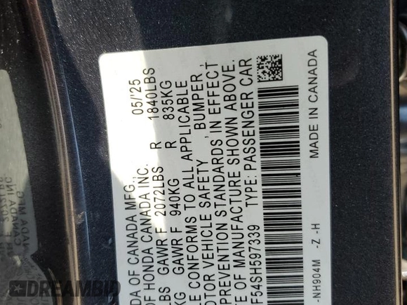 2025 Honda Civic Sport with VIN 2HGFE2F54SH597339, listed as a Copart auction lot 59795335 with 228 mi miles and Clean title. Bid and sale history available at DreamBid. Image 12.