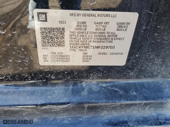 2021 Chevrolet Silverado 2500HD Custom with VIN 1GC4YME71MF229703, listed as a Copart auction lot 43072315 with 74,300 mi miles and Salvage Title. Bid and sale history available at carsss.com. Image 14.