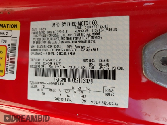 2024 Ford Mustang EcoBoost z VIN 1FAGP8UHXR5113078, wystawiony jako IAAI lot #42594668 z przebiegiem 41 285 mil mil oraz . Historia ofert i sprzedaży dostępna na DreamBid. Obrazek 9.