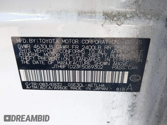2015 Lexus IS 250 with VIN JTHBF1D23F5069302, listed as a IAAI auction lot 41601465 with 64,355 mi miles and . Bid and sale history available at DreamBid. Image 9.