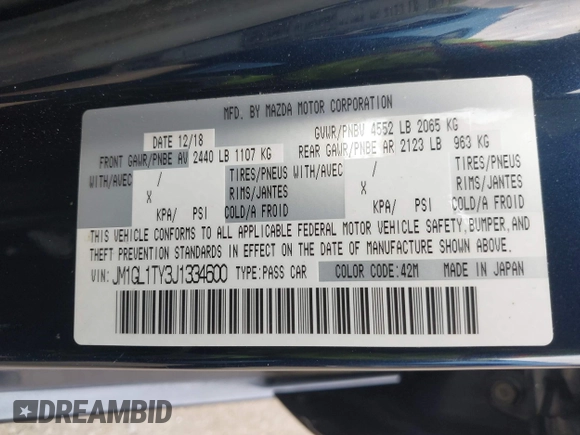 2018 Mazda 6 Grand Touring with VIN JM1GL1TY3J1334600, listed as a IAAI auction lot 41060893 with 64,852 mi miles and . Bid and sale history available at DreamBid. Image 9.