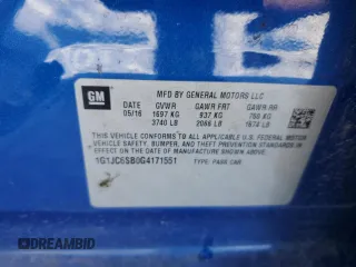 2016 Chevrolet Sonic LT with VIN 1G1JC6SB0G4171551, listed as a Copart auction lot 41463275 with 75,606 mi miles and Salvage Title. Bid and sale history available at carsss.com. Image 12.