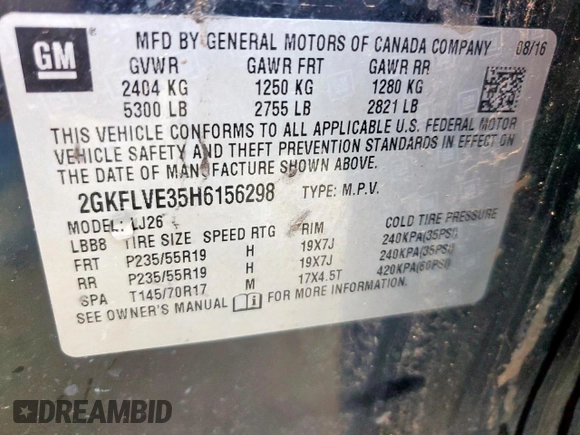 2017 GMC Terrain Denali with VIN 2GKFLVE35H6156298, listed as a Copart auction lot 60050555 with 179,476 mi miles and Clean title. Bid and sale history available at DreamBid. Image 13.