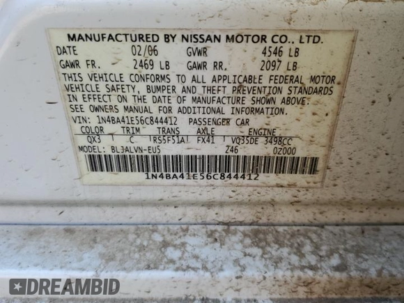 2006 Nissan Maxima 3.5 SE with VIN 1N4BA41E56C844412, listed as a Copart auction lot 89316425 with 0 mi miles and Salvage Title. Bid and sale history available at carsss.com. Image 14.