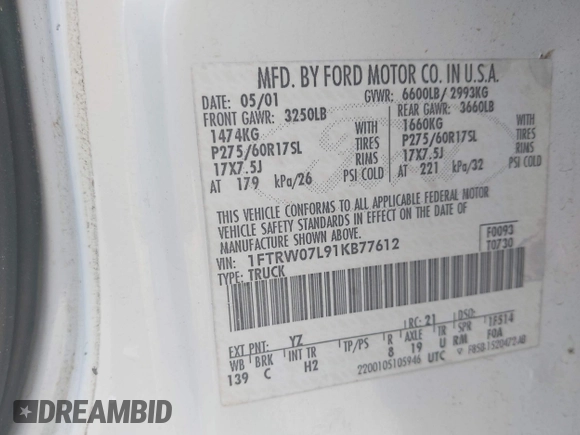 2001 Ford F-150 XLT with VIN 1FTRW07L91KB77612, listed as a IAAI auction lot 42432387 with 106,574 mi miles and . Bid and sale history available at DreamBid. Image 9.