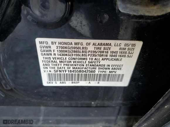 2005 Honda Pilot EX with VIN 5FNYF18455B042560, listed as a Copart auction lot 49989945 with 184,299 mi miles and Salvage Title. Bid and sale history available at carsss.com. Image 15.