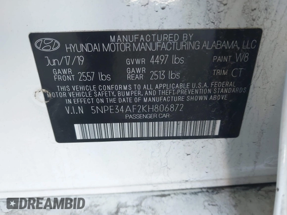 2019 Hyundai Sonata SEL with VIN 5NPE34AF2KH806872, listed as a IAAI auction lot 41825437 with 103,281 mi miles and . Bid and sale history available at DreamBid. Image 9.