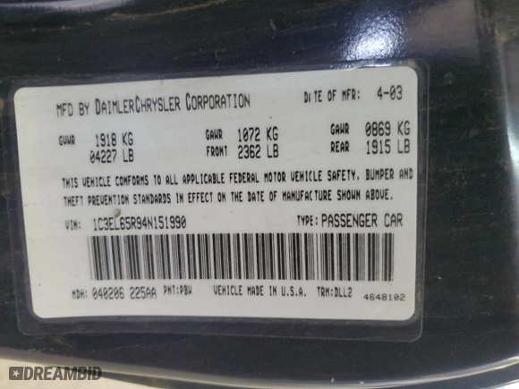 2004 Chrysler Sebring Limited with VIN 1C3EL65R94N151990, listed as a Copart auction lot 53374215 with 66,257 mi miles and Salvage Title. Bid and sale history available at carsss.com. Image 12.