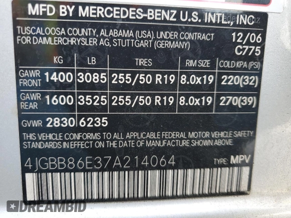 2007 Mercedes-Benz M 350 with VIN 4JGBB86E37A214064, listed as a Copart auction lot 50246245 with Not Provided miles and Salvage Title. Bid and sale history available at DreamBid. Image 14.
