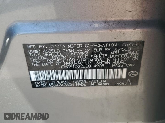 2014 Lexus IS 250 with VIN JTHCF1D22E5014908, listed as a Copart auction lot 60924335 with 116,620 mi miles and Salvage title. Bid and sale history available at DreamBid. Image 12.