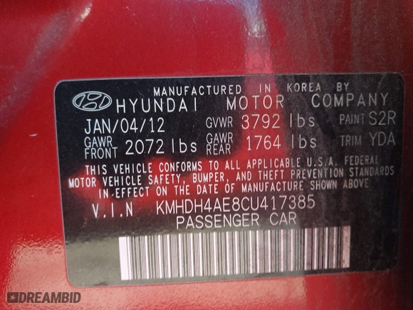 2012 Hyundai Elantra GLS with VIN KMHDH4AE8CU417385, listed as a IAAI auction lot 41866598 with 131,355 mi miles. Bid and sale history available at carsss.com. Image 9.