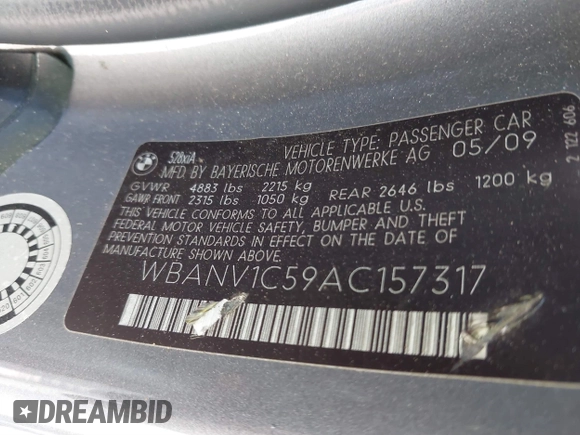 2010 BMW 5 Series 528i xDrive with VIN WBANV1C59AC157317, listed as a IAAI auction lot 41568908 with 102,668 mi miles and . Bid and sale history available at carsss.com. Image 9.