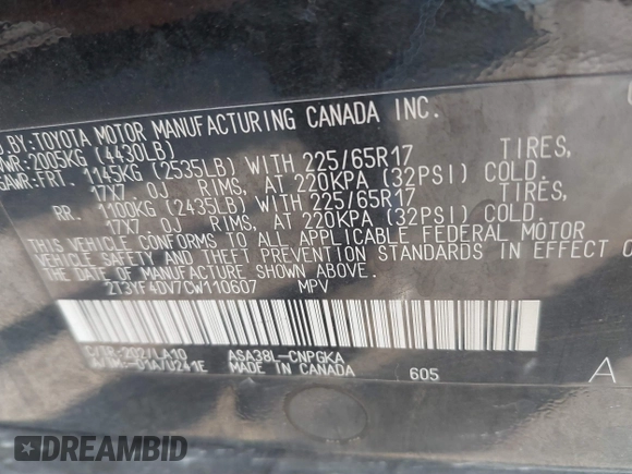 2012 Toyota RAV4 Limited with VIN 2T3YF4DV7CW110607, listed as a IAAI auction lot 41445056 with 160,798 mi miles. Bid and sale history available at carsss.com. Image 9.