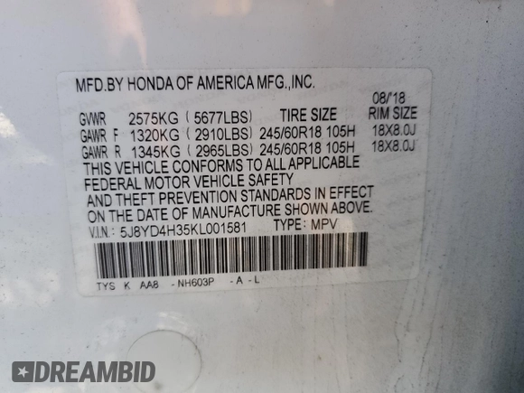 2019 Acura MDX with VIN 5J8YD4H35KL001581, listed as a Copart auction lot 64880722 with 68,660 mi miles. Bid and sale history available at carsss.com. Image 10.