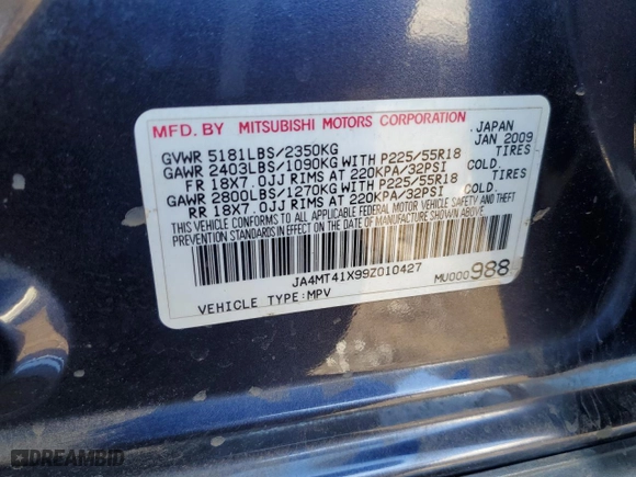 2009 Mitsubishi Outlander XLS with VIN JA4MT41X99Z010427, listed as a Copart auction lot 42637815 with 178,457 mi miles and Clean Title. Bid and sale history available at carsss.com. Image 13.