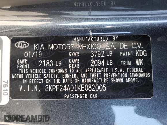 2019 Kia Forte LXS with VIN 3KPF24AD1KE082005, listed as a Copart auction lot 57863855 with 104,043 mi miles and Salvage title. Bid and sale history available at DreamBid. Image 13.