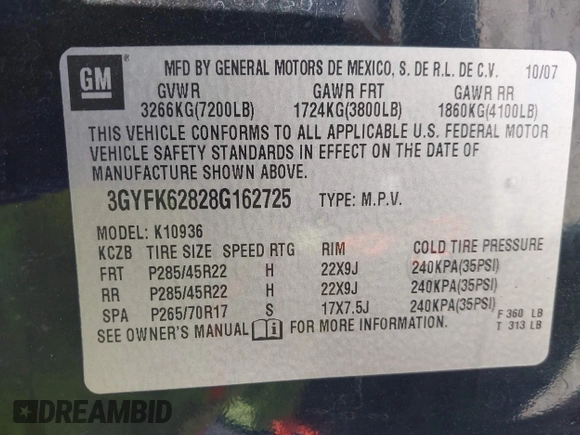 2008 Cadillac Escalade EXT z VIN 3GYFK62828G162725, wystawiony jako IAAI lot #41806673 z przebiegiem Nie podano mil oraz . Historia ofert i sprzedaży dostępna na DreamBid. Obrazek 9.