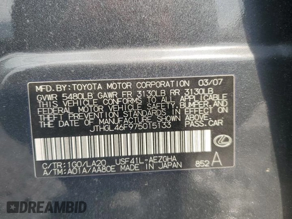 2007 Lexus LS 460 L with VIN JTHGL46F975015133, listed as a Copart auction lot 54196385 with 157,349 mi miles and Clean Title. Bid and sale history available at DreamBid. Image 12.