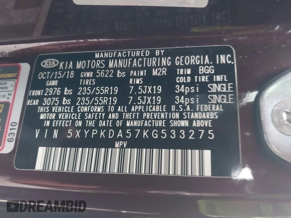 2019 Kia Sorento SX V6 with VIN 5XYPKDA57KG533275, listed as a IAAI auction lot 41964458 with 75,346 mi miles. Bid and sale history available at carsss.com. Image 9.