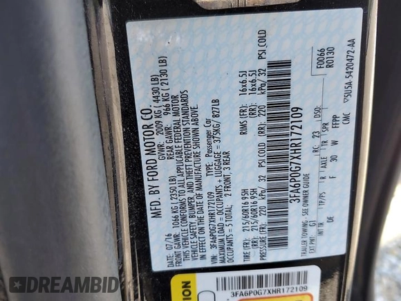 2017 Ford Fusion S with VIN 3FA6P0G7XHR172109, listed as a Copart auction lot 52152715 with 105,217 mi miles and Salvage Title. Bid and sale history available at carsss.com. Image 12.