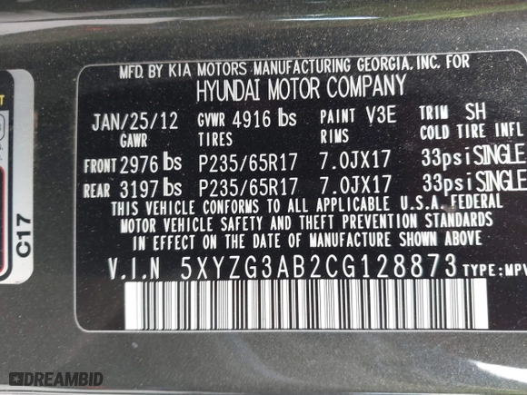 2012 Hyundai Santa Fe GLS with VIN 5XYZG3AB2CG128873, listed as a IAAI auction lot 41874808 with 182,453 mi miles. Bid and sale history available at carsss.com. Image 9.