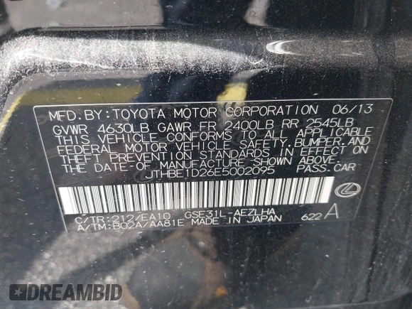 2014 Lexus IS 350 with VIN JTHBE1D26E5002095, listed as a IAAI auction lot 42398931 with 96,851 mi miles and . Bid and sale history available at DreamBid. Image 9.