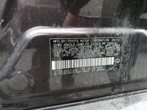 2013 Lexus GS 350 with VIN JTHCE1BL0D5007176, listed as a Copart auction lot 51779315 with 0 mi miles and Salvage Title. Bid and sale history available at carsss.com. Image 12.