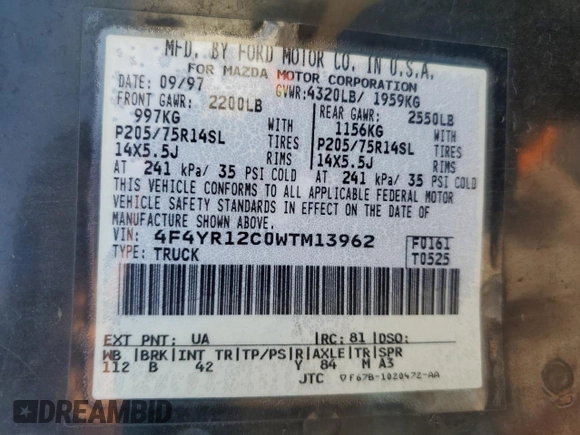 1998 Mazda B-Series Truck SX z VIN 4F4YR12C0WTM13962, wystawiony jako Copart lot #43071225 z przebiegiem 294 242 mil mil oraz Szkoda całkowita • Salvage title. Historia ofert i sprzedaży dostępna na DreamBid. Obrazek 12.