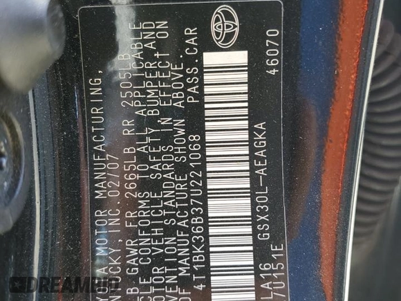 2007 Toyota Avalon XL z VIN 4T1BK36B37U221068, wystawiony jako Copart lot #58092985 z przebiegiem 168 743 mil mil oraz Szkoda całkowita • Salvage title. Historia ofert i sprzedaży dostępna na DreamBid. Obrazek 12.