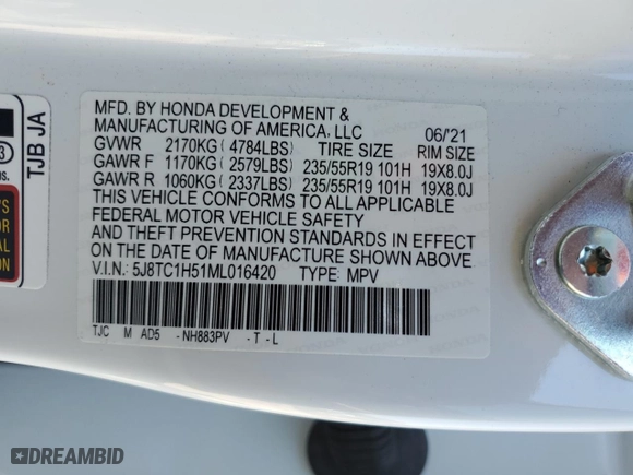 2021 Acura RDX w/Technology Package with VIN 5J8TC1H51ML016420, listed as a Copart auction lot 47013545 with 26,164 mi miles and Salvage Title. Bid and sale history available at carsss.com. Image 13.