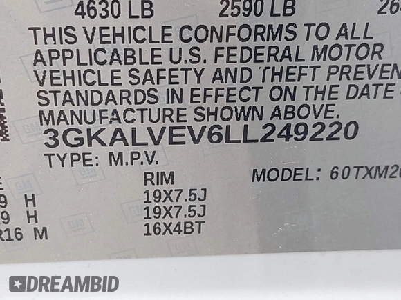 2020 GMC Terrain SLT with VIN 3GKALVEV6LL249220, listed as a IAAI auction lot 42462069 with 82,360 mi miles and . Bid and sale history available at DreamBid. Image 9.
