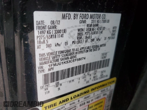 2012 Ford Expedition Limited with VIN 1FMJU1K53CEF68074, listed as a Copart auction lot 88123345 with 185,070 mi miles and Salvage title. Bid and sale history available at DreamBid. Image 13.