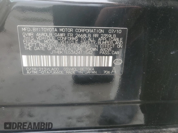 2010 Lexus ES 330 с VIN JTHBK1EG3A2411542, выставлен на аукционе Copart как лот 61097895 с пробегом 212 881 миль миль и Чистый • Clean title. История ставок и продаж доступна на DreamBid. Изображение 12.