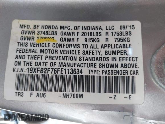2015 Honda Civic Sedan SE with VIN 19XFB2F76FE113634, listed as a IAAI auction lot 42046903 with 171,071 mi miles. Bid and sale history available at carsss.com. Image 9.