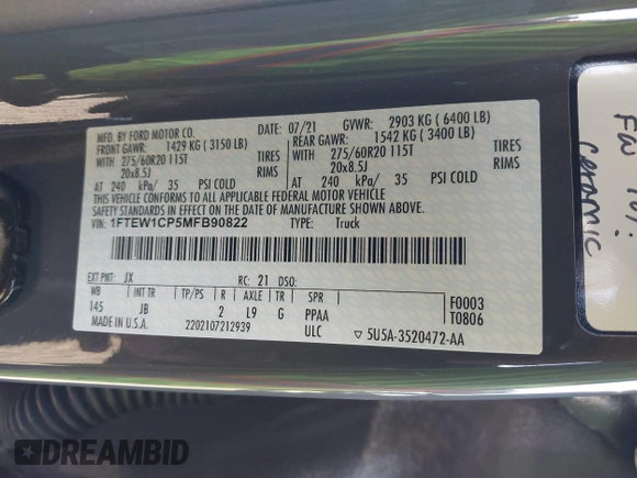2021 Ford F-150 XL с VIN 1FTEW1CP5MFB90822, выставлен на аукционе IAAI как лот 41872497 с пробегом 55 931 миль миль и . История ставок и продаж доступна на DreamBid. Изображение 9.