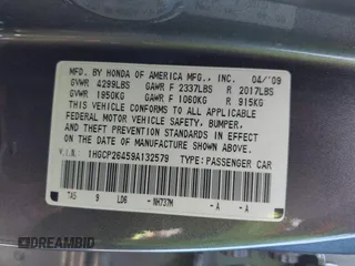2009 Honda Accord LX-P with VIN 1HGCP26459A132579, listed as a IAAI auction lot 42033626 with 304,368 mi miles and . Bid and sale history available at DreamBid. Image 9.