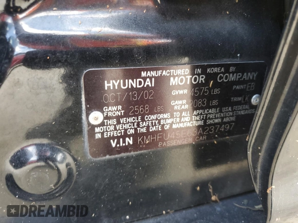 2003 Hyundai XG z VIN KMHFU45E63A237497, wystawiony jako Copart lot #74299524 z przebiegiem Nie podano mil oraz Szkody całkowita. Historia ofert i sprzedaży dostępna na DreamBid. Obrazek 13.