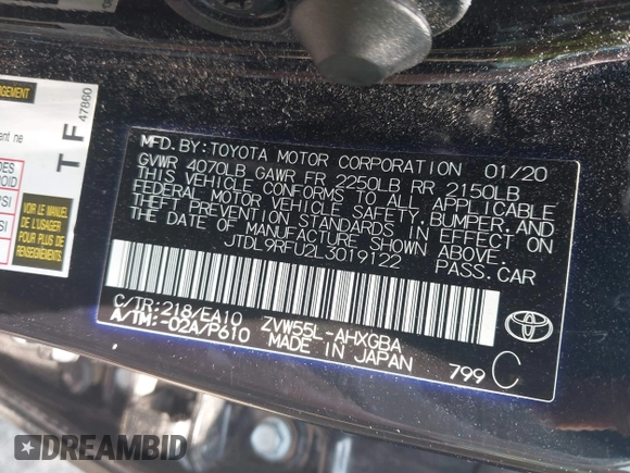 2020 Toyota Prius LE with VIN JTDL9RFU2L3019122, listed as a IAAI auction lot 42474961 with 52,248 mi miles and . Bid and sale history available at DreamBid. Image 9.
