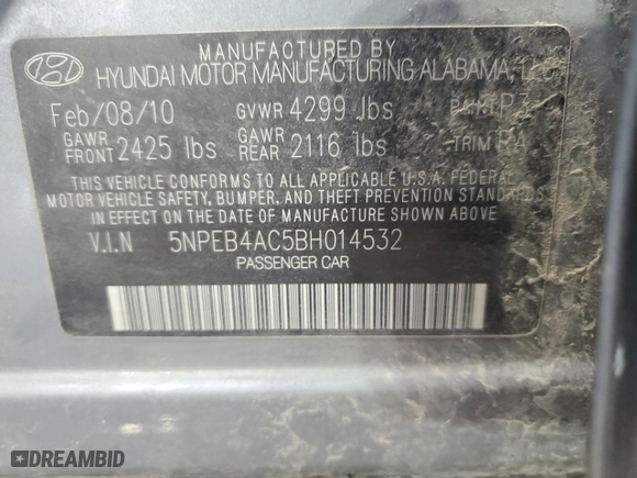 2011 Hyundai Sonata GLS with VIN 5NPEB4AC5BH014532, listed as a Copart auction lot 47624645 with 156,062 mi miles and Clean Title. Bid and sale history available at carsss.com. Image 12.