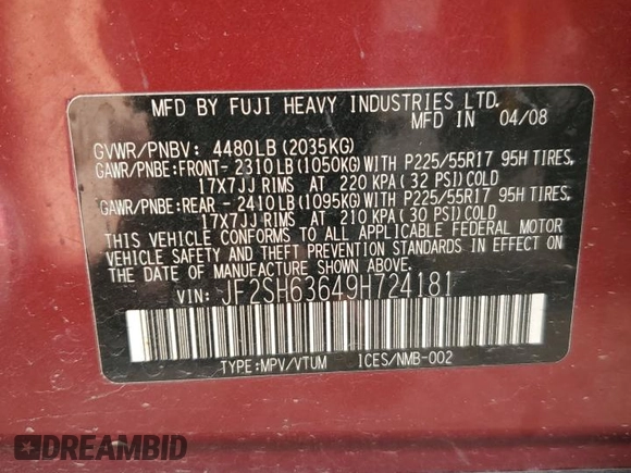 2009 Subaru Forester X with VIN JF2SH63649H724181, listed as a Copart auction lot 59919725 with 158,473 mi miles and Salvage title. Bid and sale history available at DreamBid. Image 12.