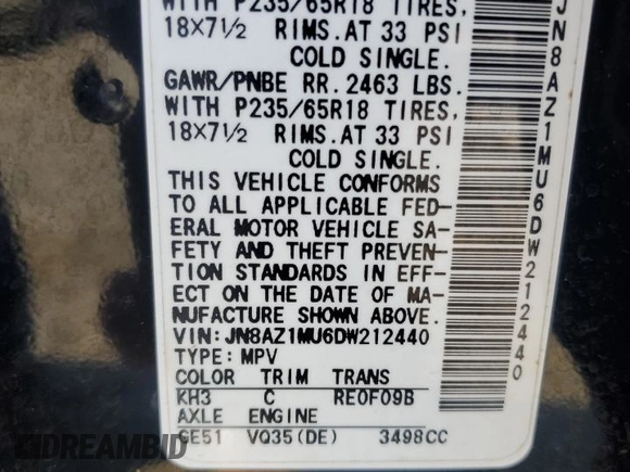 2013 Nissan Murano SL z VIN JN8AZ1MU6DW212440, wystawiony jako Copart lot #53702125 z przebiegiem 125 709 mil mil oraz Szkoda całkowita • Salvage title. Historia ofert i sprzedaży dostępna na DreamBid. Obrazek 13.