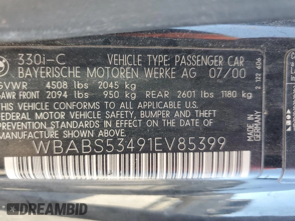 2001 BMW 3 Series 330Ci with VIN WBABS53491EV85399, listed as a Copart auction lot 74510704 with 82,382 mi miles and Salvage Title. Bid and sale history available at carsss.com. Image 12.