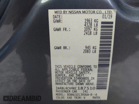 2019 Nissan Altima 2.5 SR with VIN 1N4BL4CV4KC187510, listed as a IAAI auction lot 41701483 with 101,165 mi miles. Bid and sale history available at carsss.com. Image 9.