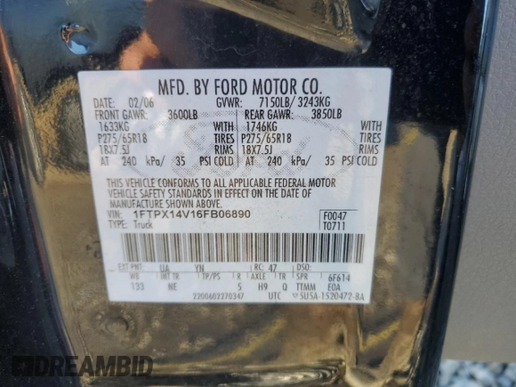 2006 Ford F-150 XLT with VIN 1FTPX14V16FB06890, listed as a Copart auction lot 46898095 with 268,804 mi miles and Salvage Title. Bid and sale history available at carsss.com. Image 12.