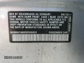 2013 Volkswagen CC VR6 Lux with VIN WVWHU7ANXDE506826, listed as a Copart auction lot 69210914 with 125,754 mi miles and Salvage Title. Bid and sale history available at carsss.com. Image 12.
