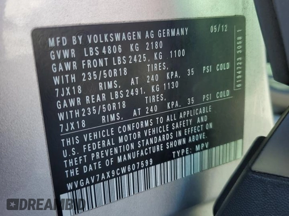 2012 Volkswagen Tiguan SE with VIN WVGAV7AX9CW607599, listed as a Copart auction lot 51214455 with 131,109 mi miles and Salvage Title. Bid and sale history available at DreamBid. Image 12.