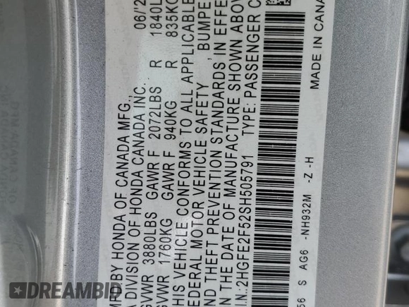 2025 Honda Civic Sport with VIN 2HGFE2F52SH505791, listed as a Copart auction lot 51337905 with 4,857 mi miles and Salvage Title. Bid and sale history available at carsss.com. Image 14.